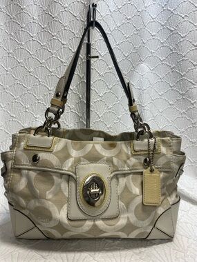 Coach Peyton 14515 Beige Signature OpArt Canvas Turnlock Satchel Shoulder Bag